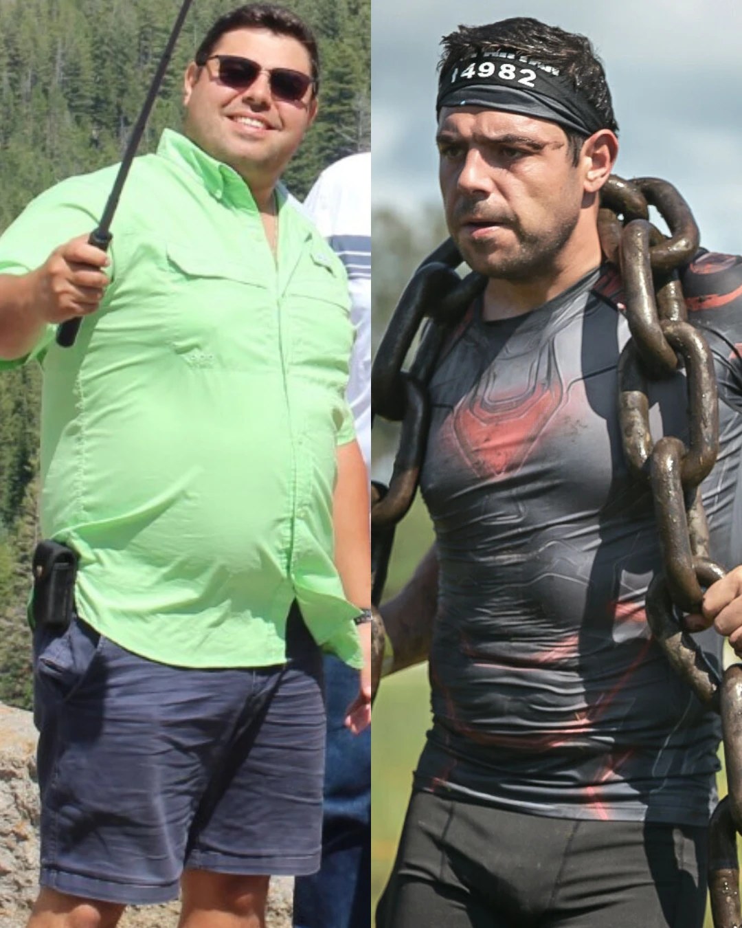 Side-by-side photographs of the author: before, and after, competing in an obstacle-course race carrying a length of heavy chain.