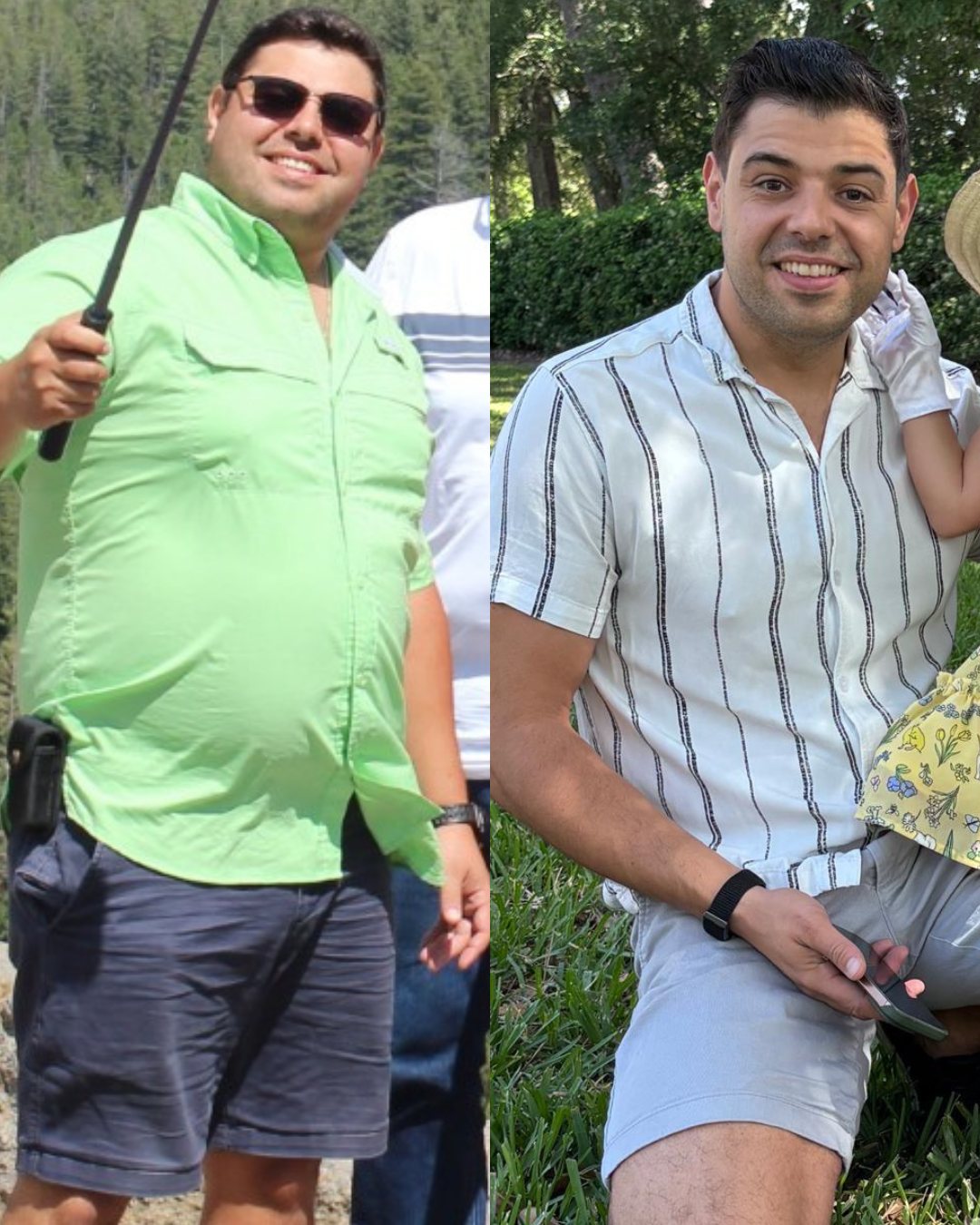 Side-by-side photographs of the author before and after the change in body composition described in this article.