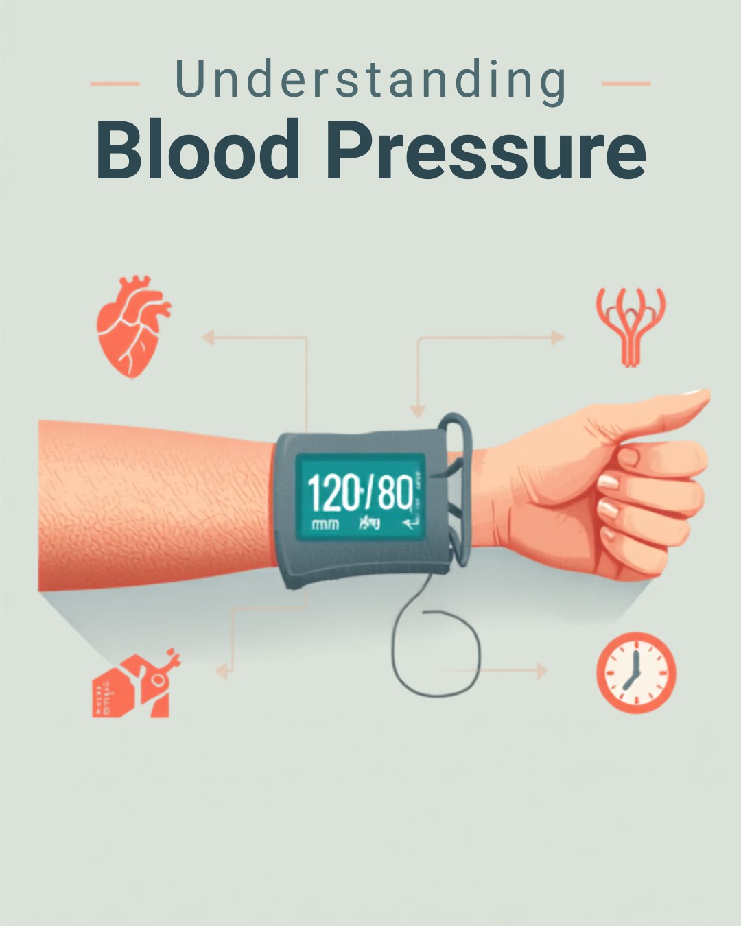 An illustration of an arm wearing a blood pressure cuff reading 120 over 80, surrounded by heart, vessel, clock and monitor icons. Headline: Understanding Blood Pressure.