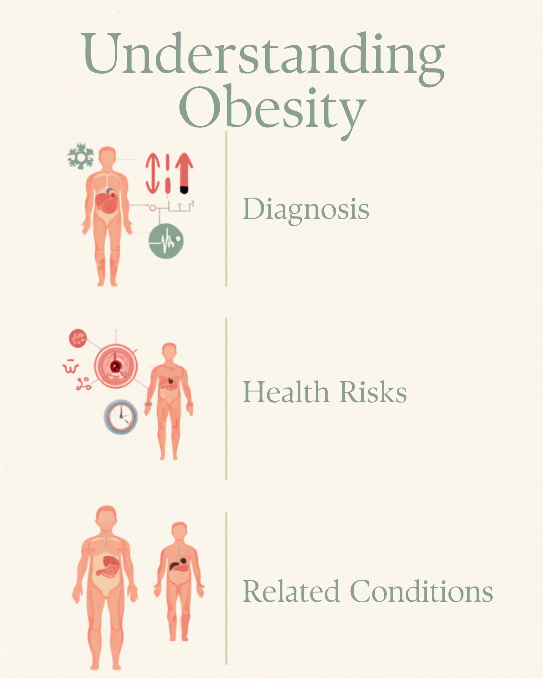 An illustrated poster titled Understanding Obesity, with three panels labelled Diagnosis, Health Risks, and Related Conditions.